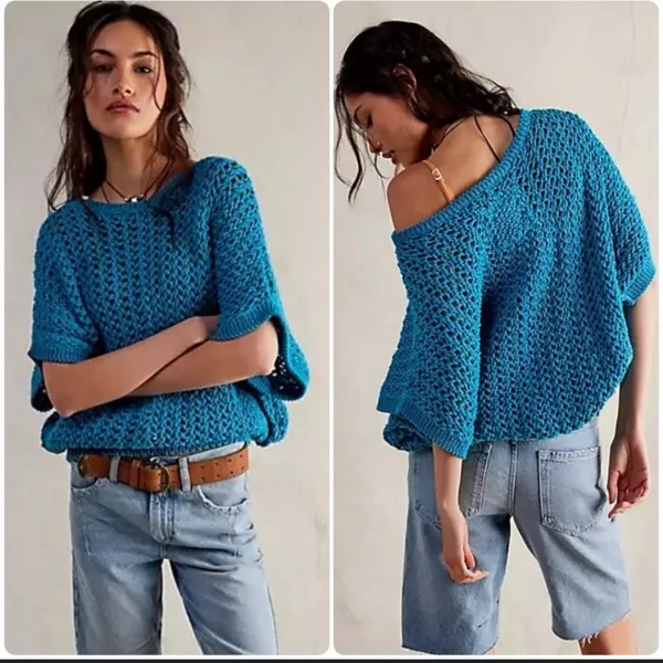 NWT Free People We The Free Sophia Beach Knit Crew Neck Bat Sleeve Sweater Sz M - Image 2