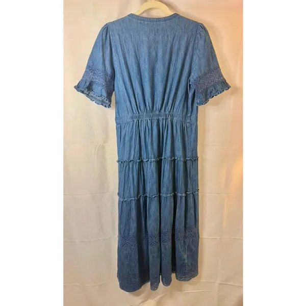 Gap × LoveShackFancy Denim Tiered Midi Dress with lace and ruffle detail sz. S - Image 6