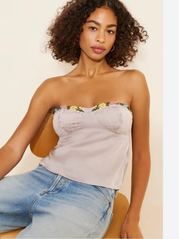 FREE PEOPLE Ember Glow Tube Top Ivory Embroidered Flower trim Pintuck Going Out - Image 2
