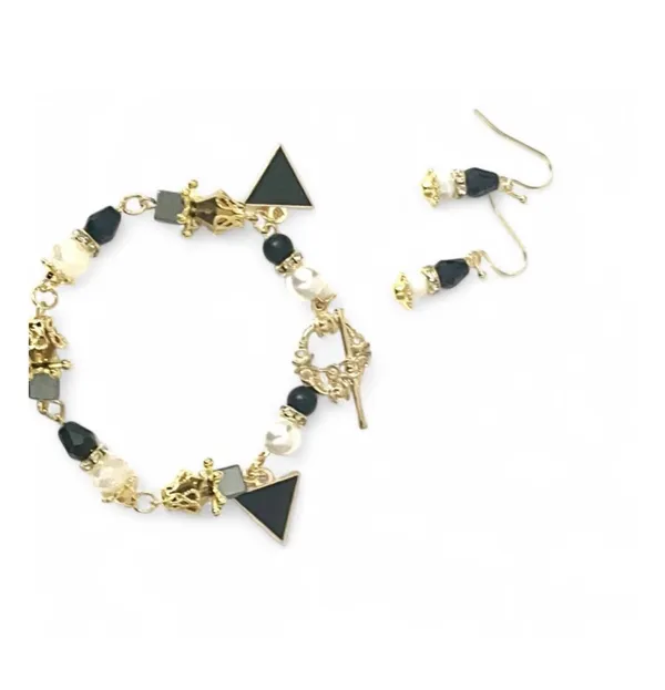 Handmade Black & Gold Tone Pearl Bead Geometric Triangle Charm Bracelet Earring Set Set - Image 3