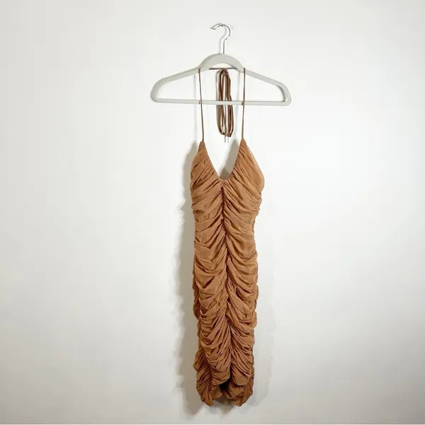 House of CB Tiarra Ruched Mesh Bodycon Dress Nude Tan XL - Image 5