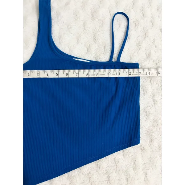 Reformation Blue Ribbed Tencel Blend Asymmetrical Casual Crop Tank Top S - Image 6
