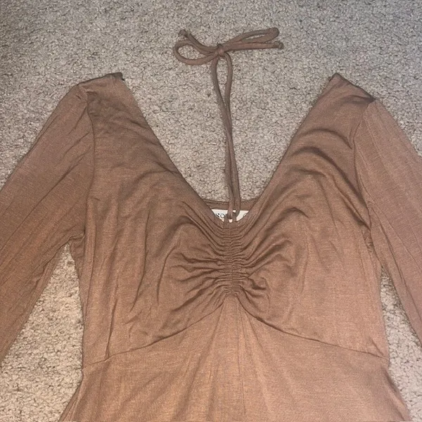 Sozy Soft Sarah Midi Dress Long Sleeve Ruched Bust‎ Thumbholes Brown Small - Image 4