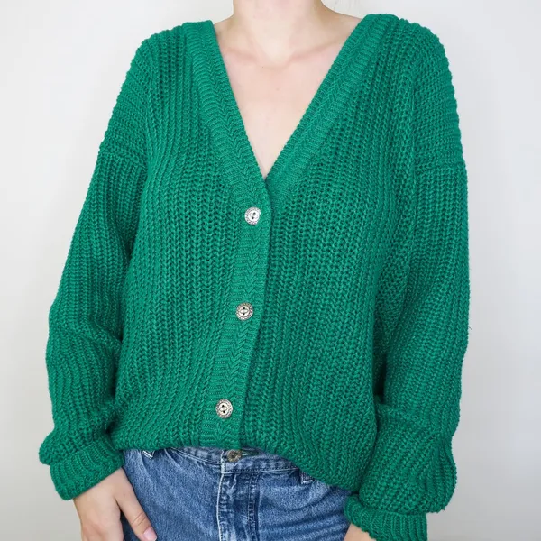 Vintage 80s Green Chunky Knit Cardigan Sweater - Image 2