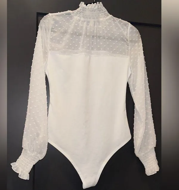 White Long Sleeve Bodysuit with Mesh Top - Image 2