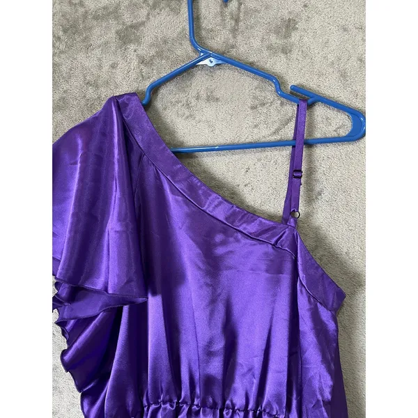 Vintage Y2K Purple One Shoulder Paisley Satin Party Dress Ruffle Mini‎ Dress Med - Image 4