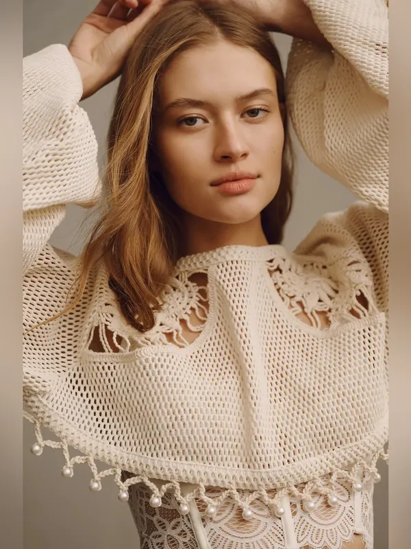 By Anthropologie Pearl Embellished Crochet Shrug Sweater Cream XS/S - Image 4
