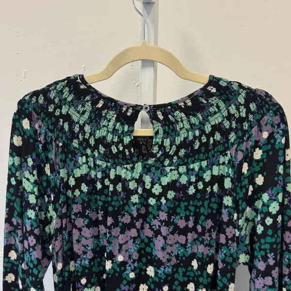 LOFT Floral Smocked Long Sleeve Flowy Mini Dress with Tie Black Green Purple Med - Image 6
