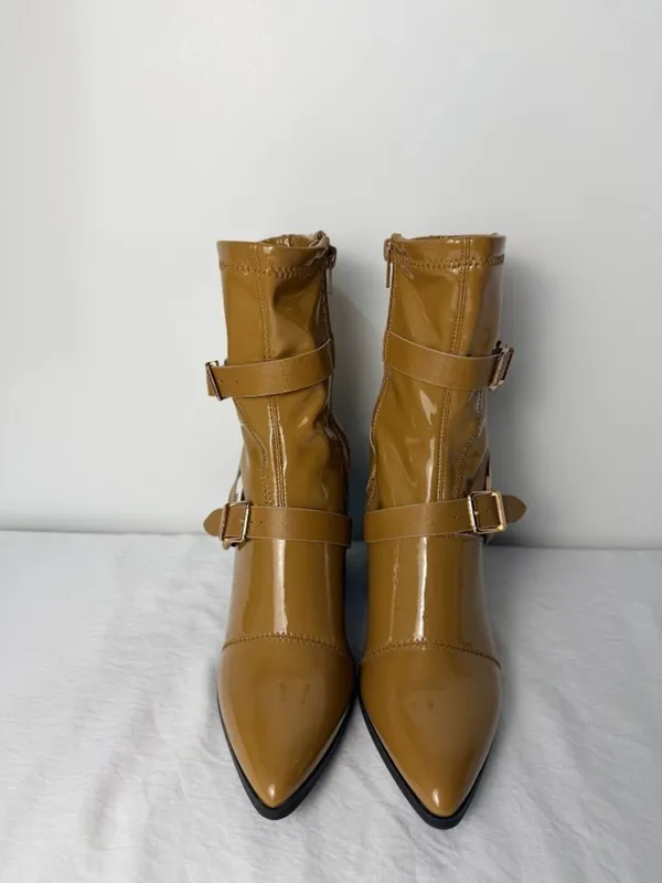 Bamboo Patent Leather Ankle Boots Women’s 7.5 Block Heel Buckle Strap Tan Brown - Image 3