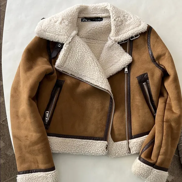 Zara Double Faced Fleece Structured Moto Jacket Sheepskin Chestnut Tan Aviator S - Image 5