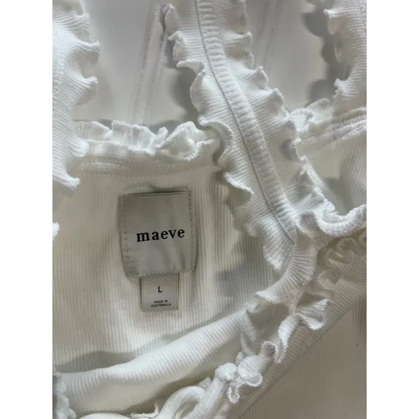 Maeve Anthropologie White Ribbed Ruffle Trim Camisole Tank Top Bow Detail Large - Image 4