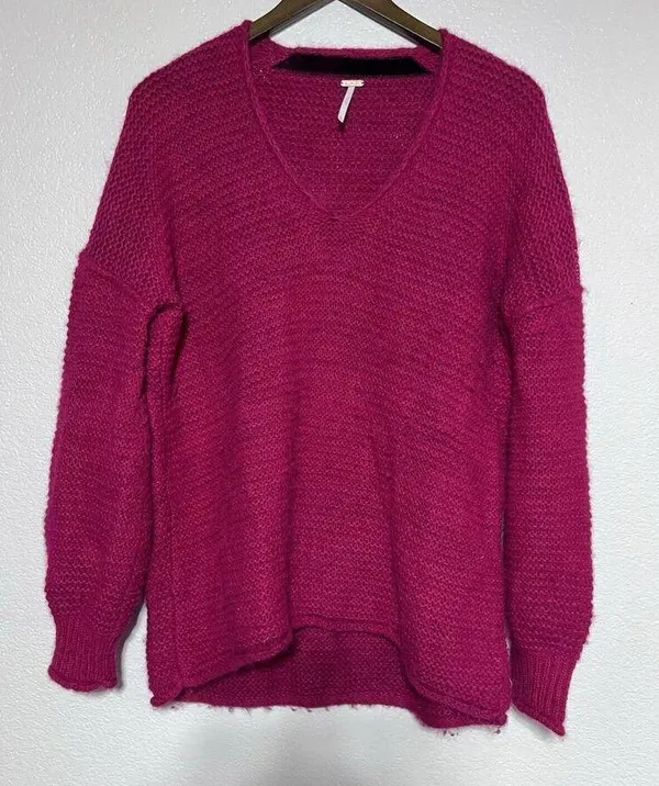 Free People All Mine Sweater Raspberry Size XS Pink V Neck Alpaca Wool - Image 4