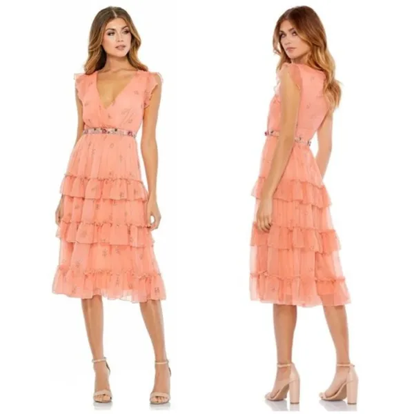 MAC DUGGAL Tiered Ruffle Chiffon Midi Dress in Apricot Size US 6 - Image 2
