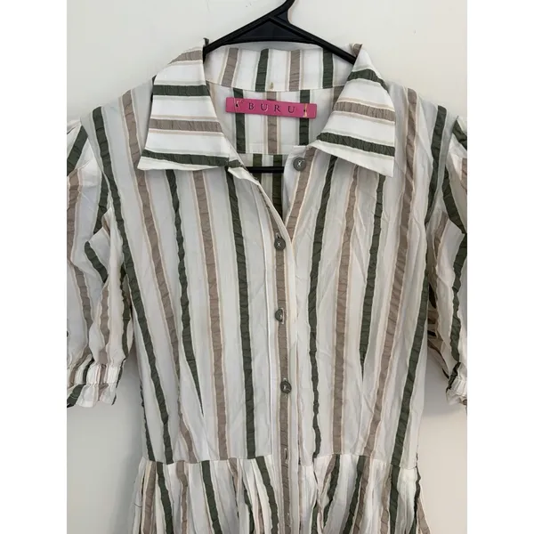 Buru Small Midi White Dress Striped Button Down Luxury Brunch VSCO Girl - Image 3