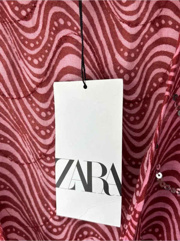 Zara Pink Sequins Beaded Swirl Printed Midi Dress Sheer Deep V Neck Tie Front - Image 5