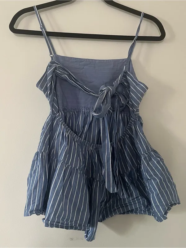 American Eagle Blue White Stripe Poplin Peplum Top Small 100% Cotton Coastal - Image 4