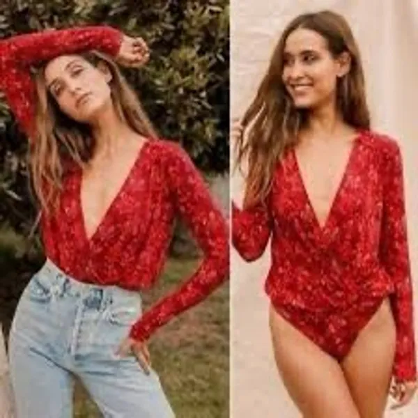 Free People Everything’s Rosy Red Long Sleeve Bodysuit Size L - Image 6
