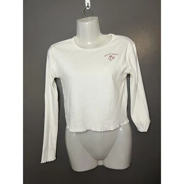 Ardene Shirt Women’s Medium White Happiness Embroidered Long Sleeve Crop Top - Image 2