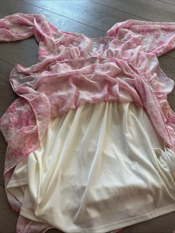 Arula Denali Floral printed Dress pink white and gold long sheer sleeves size 1X - Image 5