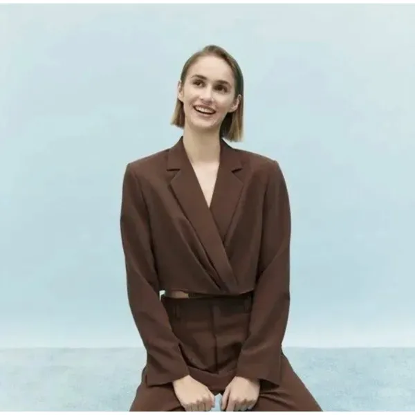 Zara Brown Cropped Wrap Blazer Jacket Notched Lapel‎ Long Sleeve Modern Chic - Image 3