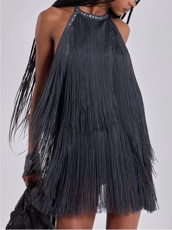 JADED LONDON Vadra Backless Fringe Mini Dress, Charcoal Grey, 4(US) - Image 2
