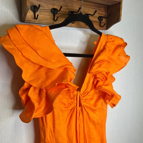 VTCH Vicky Tcherassi Orange Linen Ruffle V-Neck Midi Dress Made in Colombia S - Image 2