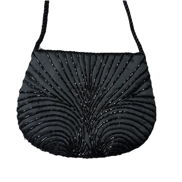 Vintage Black Beaded Shoulder Crossbody Fashion Bag 7.5" L x 6" H - Image 2
