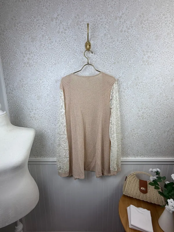 BiBi Beige and Cream Lace Sleeve Open-Front Waffle Knit Cardigan Top - Size - XL - Image 5