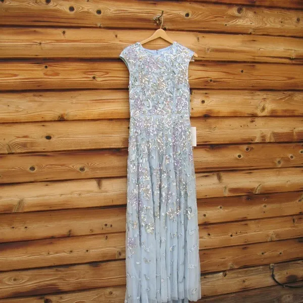 MAC DUGGAL 5647 Blue Sequined High Neck Cap Sleeve A Line Gown - Image 10