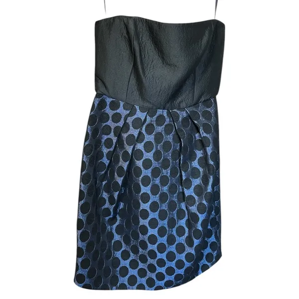 Anthropologie 4C Strapless Dress 4 Black Blue Polka Dot Jacquard Mini Graduation - Image 3