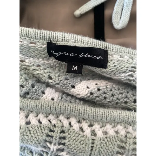 Aqua‎ Blues Pointelle Knit Striped Crop Sweater Womens Size M Sage Green Cotton - Image 6