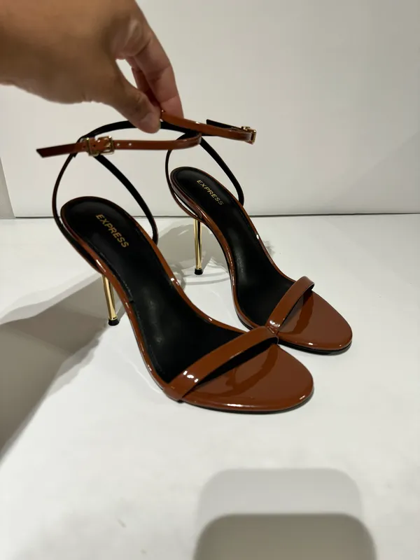 EXPRESS Gold Heeled Brown Sandal Heels (8) - Image 3