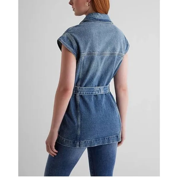 NEW Express Women's Denim Vest Size Small Utility Style Belted Blue Jean Jacket - Image 10