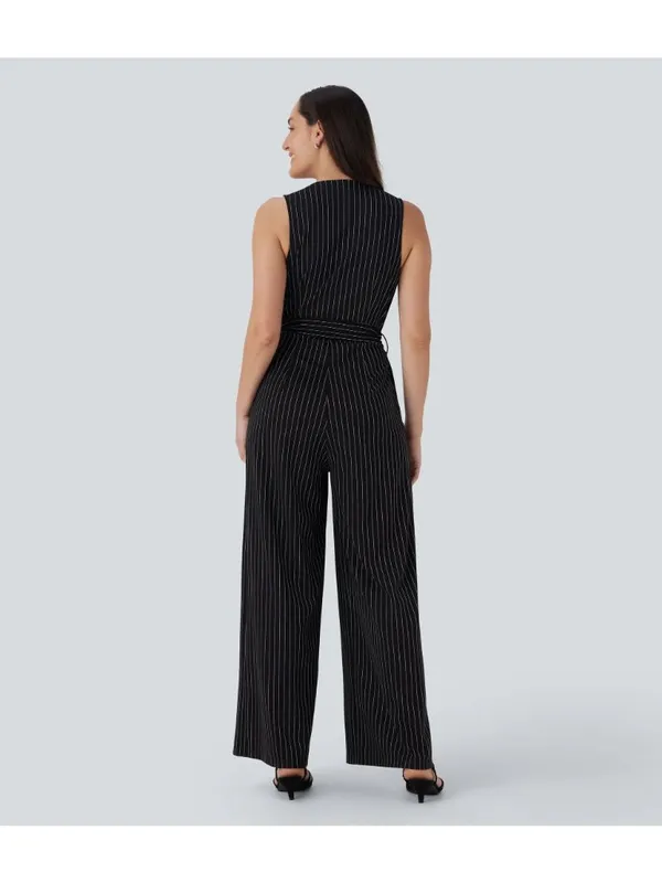 Halara V Neck Belted Stripe InstantCool Jumpsuit Pockets-Easy Peezy Black M - Image 3