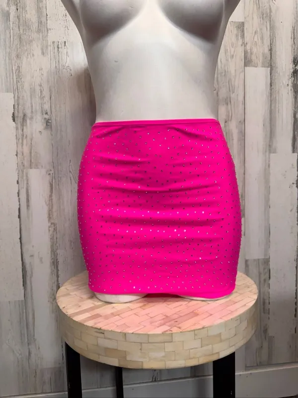SheIn Rhinestone Embellished Bodycon Mini Skirt Womens Small Neon Hot Pink Stretch - Image 2