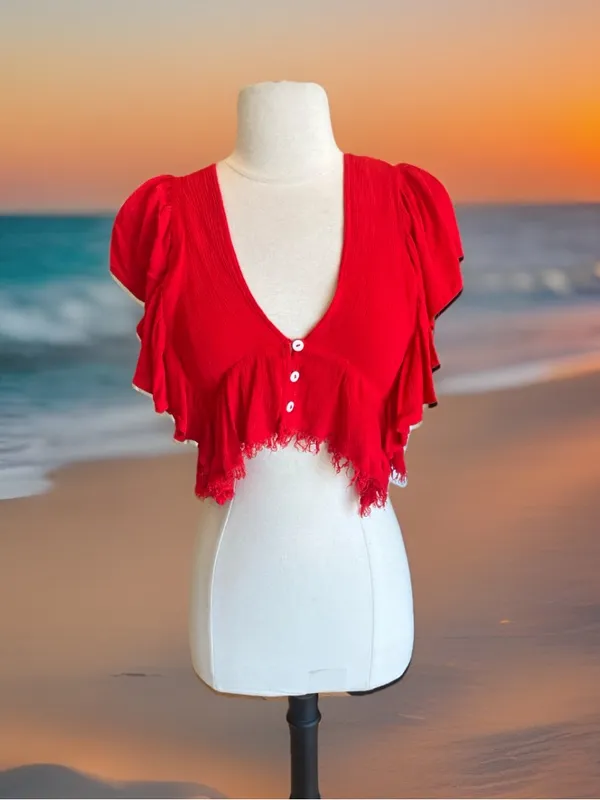 Skylar * Madison Red Ruffled V-Neck Crop Top - Image 3