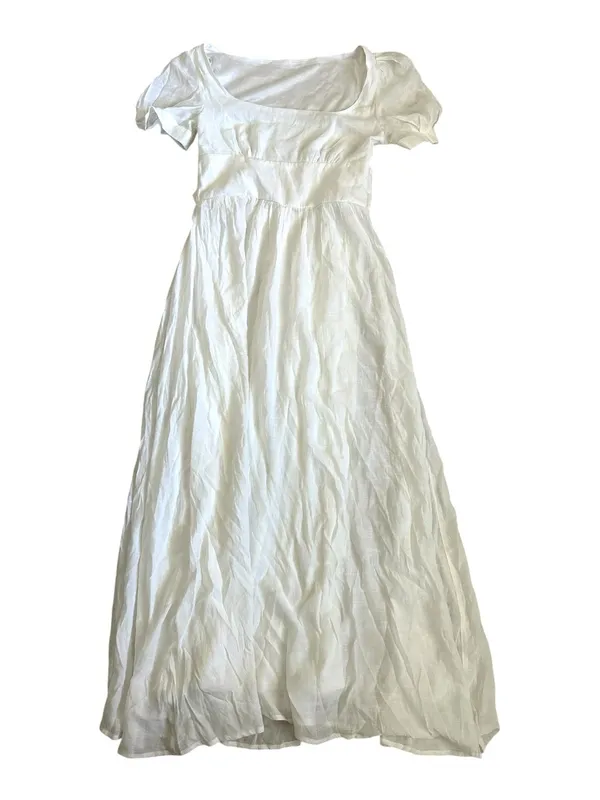 Halara White Square Neck Puff Sleeve Lace Up Cinch Waist Flowy Maxi Dress - Image 2