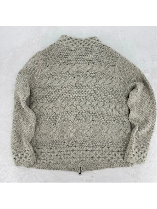 J Jill Tan Cable Knit Cardigan Sweater Zip Front Cottagecore Fisherman Sz Medium - Image 2