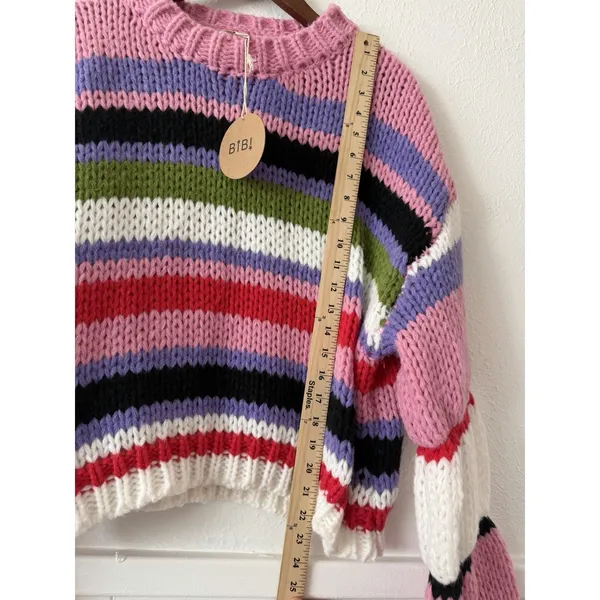 BiBi Sweater M Chunky Knit Striped Bell Sleeve Crop Pullover Colorful Boho NWT - Image 7