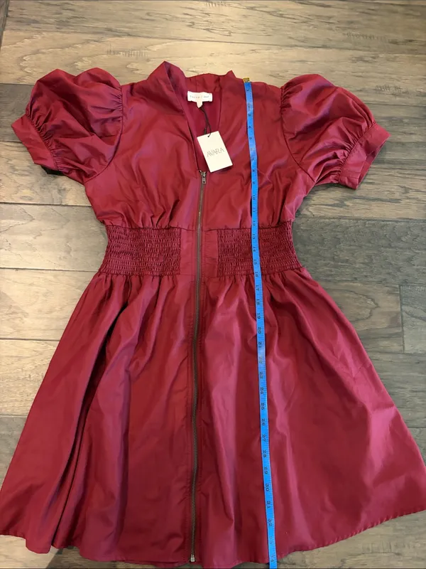 New With Tags Entro Avara Puff Sleeve Zip Front Burgundy Dress Sz S - Image 10