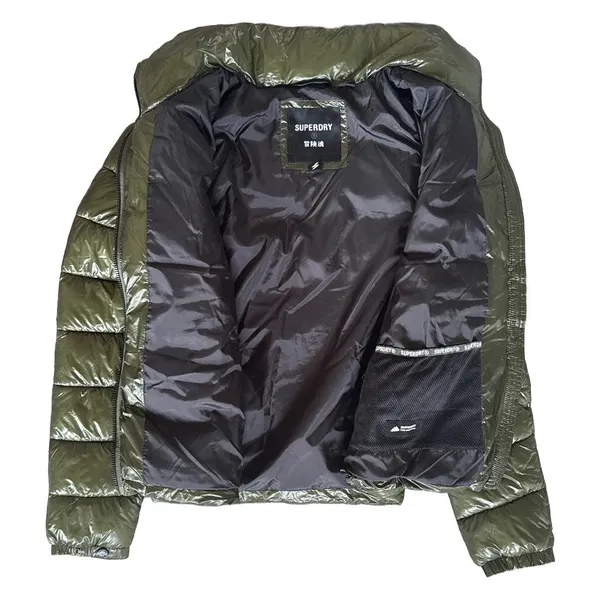 Superdry Code Sportswear High Shine Puffer Jacket Faux Fur Hood Olive Green S/10 - Image 6