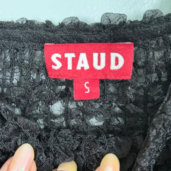 STAUD Cannon Organza Smocked Puff Sleeve Crop Top Black Size Small - Image 5