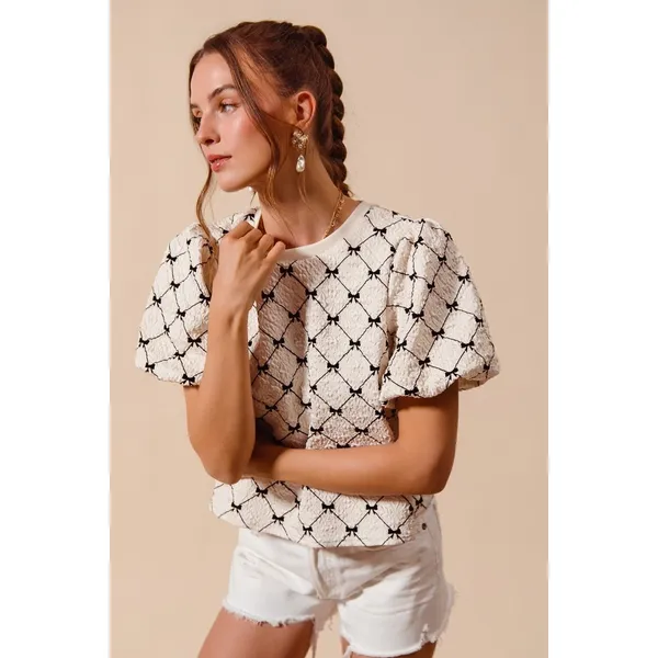 SO ME Bow Texture Woven Bubble‎ Sleeve Top - Ivory - Large - Image 9