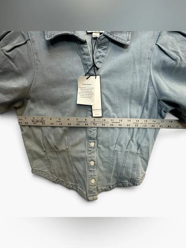 Bagatelle Collection Denim Puff Sleeve Corset Button Front Top S NWT - Image 5