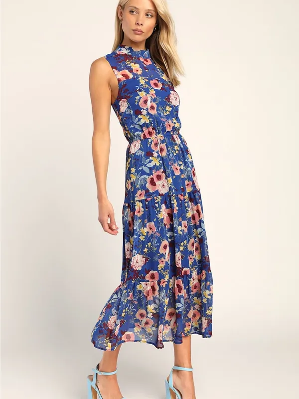 NWOT Lulus In My Dreams Blue Floral Print Midi Dress M - Image 2