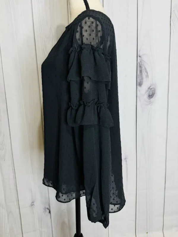 LOFT Black Ruffle Blouse Sz M Semi Sheer Long Sleeve Textured Polka Dots - Image 4