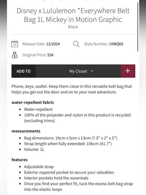 New With Tags Disney Lululemon Everywhere Belt Bag - Image 8