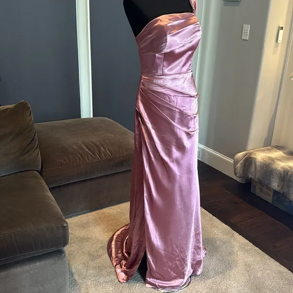 Women’s Pink One Shoulder Satin Dress Mermaid Fit Leg Slit Corset Size 8 *READ - Image 3