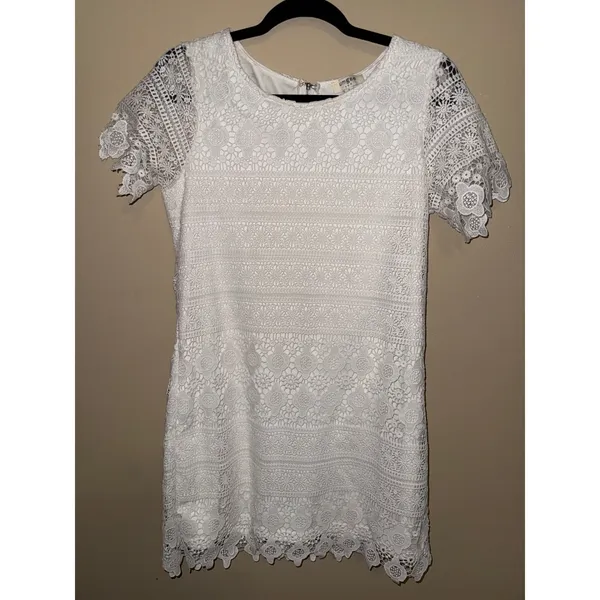 Umgee‎ White Floral Crochet Lace Short Sleeve Shift Mini Dress Women S Bridal - Image 2