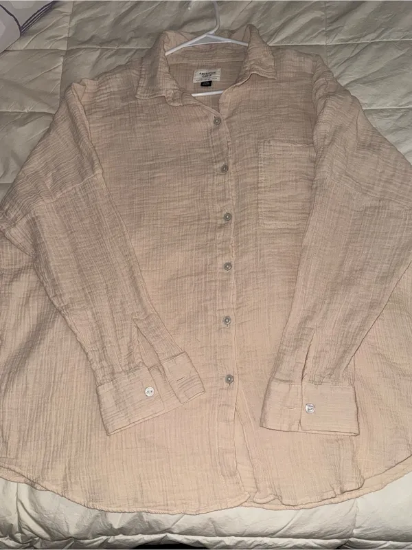 American Eagle Outfitters Cream Long-Sleeve Button-Down Shirt - Image 5